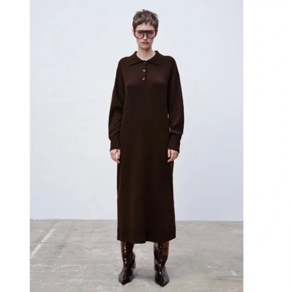 ZARA Women's Oversize Knit Polo Collar Dress Brown Size Small